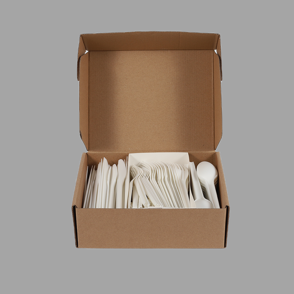 Quanhua 250 Pieces aircraft box biodegradable kitchen utensil Set 100 forks 100 knives 50 spoons compostable cutlery set
