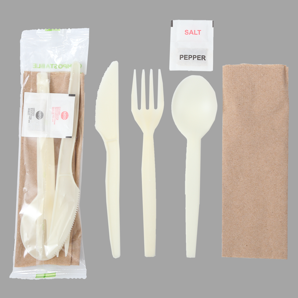 Quanhua SY-030411-FKSN, PSM Knife fork spoon salt&pepper and napkin in bio package or kraft package.