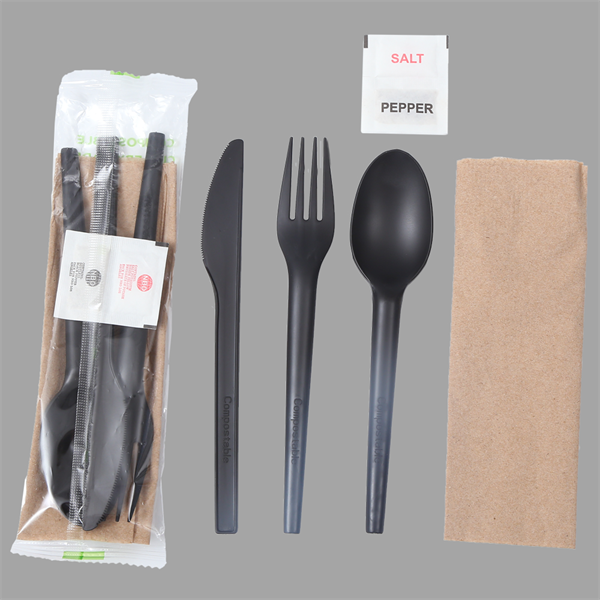Quanhua SY-16-FKSN  CPLA Cutlery kit with Knife fork spoon salt&pepper and napkin in bio package or kraft package.