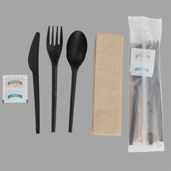 Quanhua SY-001022033-FKSN, Lightweight compostable CPLA Knife fork spoon salt&pepper and napkin in bio package or kraft package.
