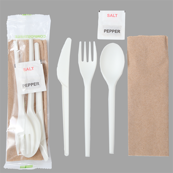 Quanhua SY-001002003-FKSN, Lightweight Biodegradable Knife fork spoon salt&pepper and napkin in bio package or kraft package.