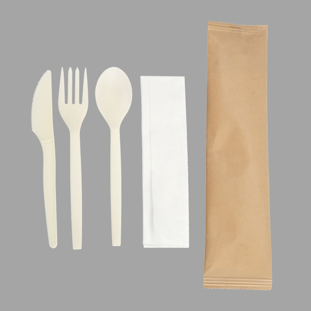 Quanhua SY-03-FKSN, 6.75inch/171mm(± 2 mm) PSM fork&PSM knife& PSM spoon CornStarch eating utensils with napkin.