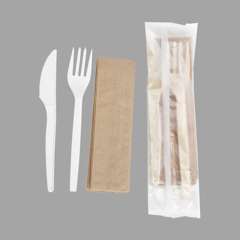 Quanhua SY-03-FKN, 6.75inch/171mm(± 2 mm) PSM fork& PSM knife CornStarch eating utensils with napkin.