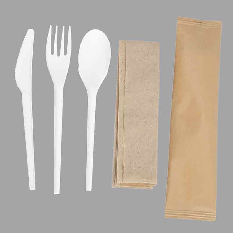 Quanhua SY-001022033-FKSN, Lightweight compostable CPLA cutlery kits fork spoon kinfe napkin 4 in 1 alternative to plastic utensils.