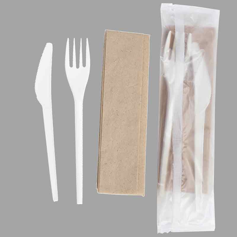 Quanhua SY-001022-FKN, 3 in 1 wrapped CPLA flatware kit disposable plant-based natural fork knife napkin cutlery set.