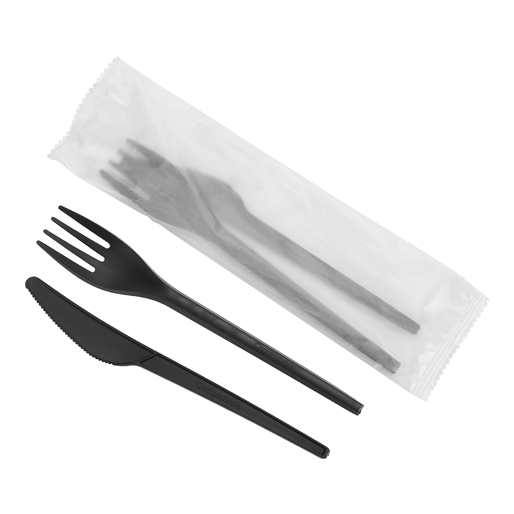 Quanhua SY-001022-FKN, 3 in 1 wrapped CPLA flatware kit disposable plant-based natural fork knife napkin cutlery set.